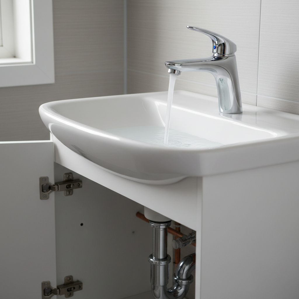 A close-up of a shining chrome mixer tap mounted on a pristine white porcelain basin, water streaming in a clear, even flow, set against a subtle backdrop of light grey tiles. Beneath the basin, the vanity cabinet door is open to reveal carefully installed pipework and a neatly positioned trap, all fittings clean and well-aligned. Soft morning daylight from a nearby window casts natural highlights on the tap and delicate shadows along the basin’s curve. Captured from a slightly angled, tight composition with shallow depth of field, the image feels fresh, reliable, and modern, reinforcing attention to both visible finish and hidden plumbing details in a photographic realism style.