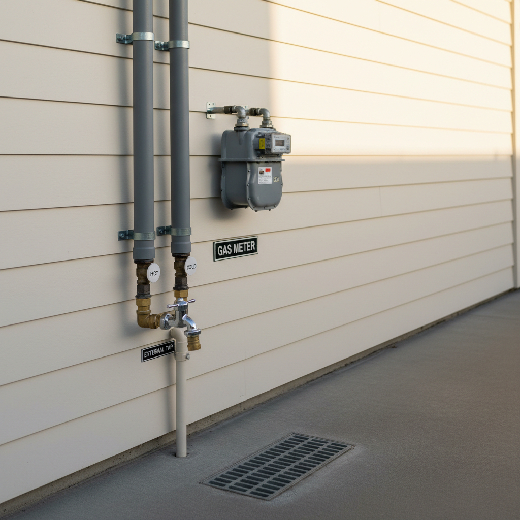 A wide, exterior shot of a neat Taupo home’s side access area, where a tidy array of outdoor plumbing and gas infrastructure is mounted on a pale weatherboard wall. A mains gas meter, insulated hot water pipes, and a weatherproof external tap with backflow preventer are all aligned and clearly labeled. The concrete path below is clean, with a small drain grate visible near the wall. Late afternoon natural light casts soft, directional shadows, highlighting the textures of metal, plastic, and painted timber. Photographed at eye level with moderate depth of field, the image feels orderly and reliable, emphasizing durable, professional outdoor plumbing solutions in a realistic, clean style.